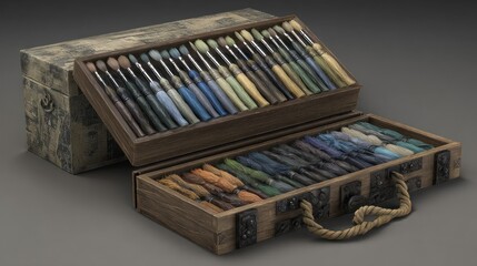 Fototapeta premium Wooden box with compartments, filled with colorful items, possibly paintbrushes and fabric swatches
