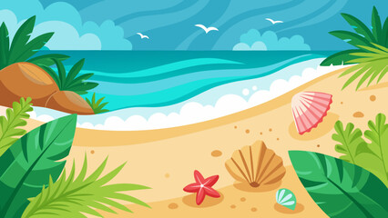 Obraz premium Vector art of a beautiful summer beach vista featuring gentle ocean waves, golden sand, tropical greenery, seashells, and distant seagulls under a bright blue sky