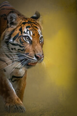 Majestic Sumatran tiger walking with mouth slightly open with copy space