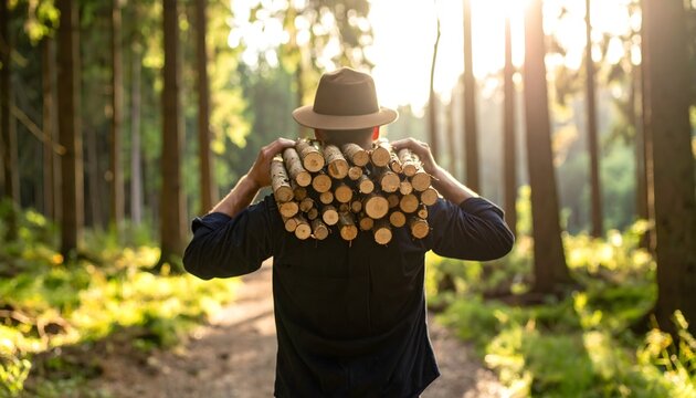 A person walks through a sunlit forest carrying a bundle of freshly cut logs on their shoulder.