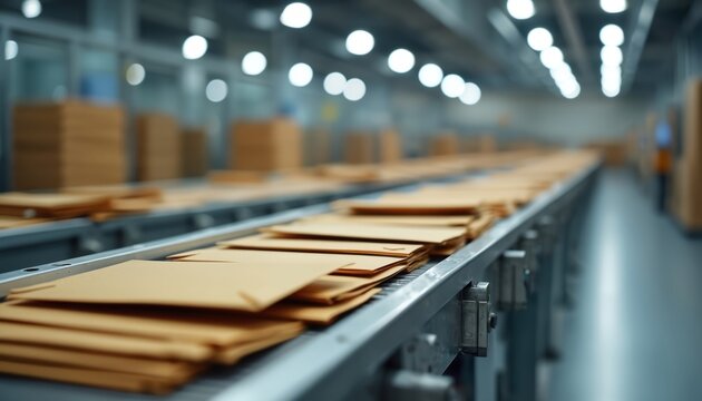 Brown envelopes move along sorting facility conveyor belt. Automated process ensures efficient mail delivery, document processing. Scene industry technology, warehouse infrastructure for
