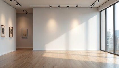 Fototapeta premium Empty art gallery interior minimalist white walls, polished wooden floor, illuminated by ambient track lighting. Sunlight streams through large windows, casting geometric shadows, framed artwork.