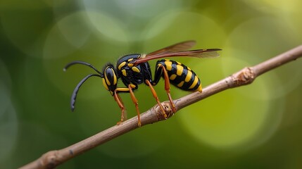 Close up of a yellow jacket wasp perched on a thin tree branch with a blurred green background