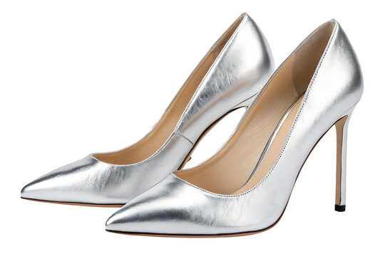 Silver metallic pointed-toe high heel pumps with stiletto heels and reflective surface, isolated on a transparent background