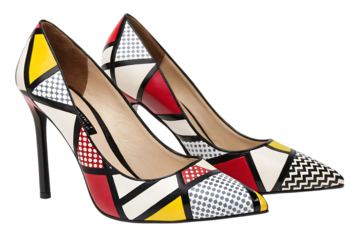 Pop art geometric pointed-toe heels with colorful patterns, dots, and abstract shapes, isolated on a transparent background