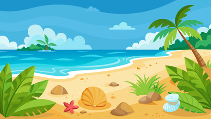 Obraz premium Vector art of a beautiful tropical beach scene with turquoise water, golden sand, palm trees, and a clear blue sky with fluffy clouds, evoking a sense of summer vacation and relaxation