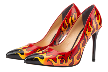 Bold flame-patterned pointed-toe heels with red, orange, and yellow fire designs, isolated on a transparent background