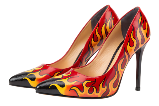 Bold flame-patterned pointed-toe heels with red, orange, and yellow fire designs, isolated on a transparent background