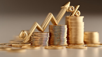 Stacks of shiny gold coins with percentage symbol rising show interest rates and financial growth