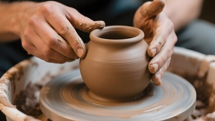 Hands shaping clay into a pot on a pottery wheel