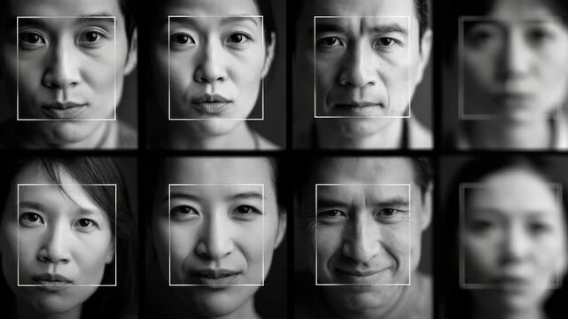 Facial recognition grid analyzing diverse emotion on Asian adult portraits