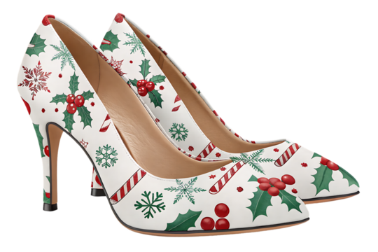 White Christmas holiday pumps featuring holly leaves, berries, snowflakes, candy canes and festive red-green seasonal decorations, isolated on a transparent background