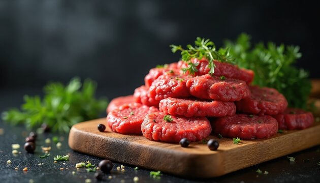 Fresh raw minced meat patties for cutlets piled on wooden board. Garnished with parsley, surrounded by peppercorns, spices. Ideal for cooking, preparation, culinary content, food blogs emphasizing