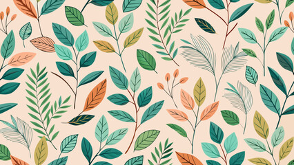 Vector art of artistic seamless pattern of delicate leaves and branches in green, teal, orange, and pink hues on a soft peach background, suitable for decor