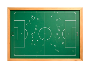 Detailed soccer playbook diagram on a green chalkboard with Xs and Os showing strategy and formation
