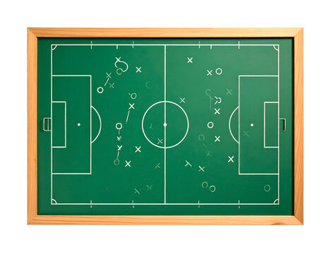 Detailed soccer playbook diagram on a green chalkboard with Xs and Os showing strategy and formation