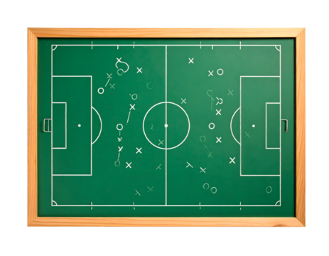 Detailed soccer playbook diagram on a green chalkboard with Xs and Os showing strategy and formation