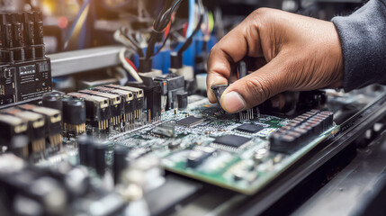 Obraz premium Skilled mechanic performs repair work on industrial circuit board with precision and care