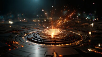 Conceptual sci-fi processor fusion core, levitating within a magnetic digital frame, with animated pulse rings of binary digits moving outward in sync with light flares reflecting on the circuit 