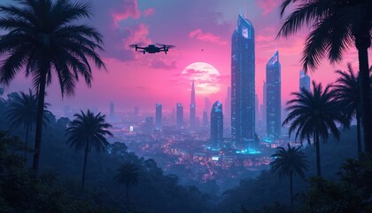 Futuristic cityscape at dusk featuring towering skyscrapers, neon lights under vibrant pink, purple sky. Palm trees frame urban landscape, drone flies overhead, blend of nature, advanced technology.