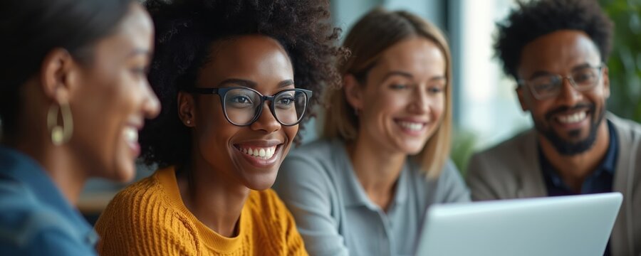 Diverse team collaborates around laptop, reviewing candidate profiles on recruitment dashboard. Focus on HR diversity analytics, team building, and shared success in hiring processes.