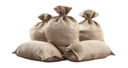 A group of burlap sacks, tied at the top, arranged together on a white background.