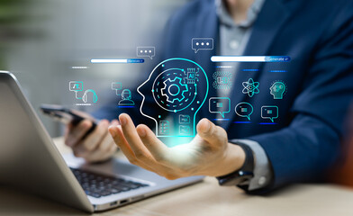 Businessman interacting with AI chatbots to create content through commands. Concept of artificial intelligence, future technology, and human AI collaboration in digital innovation.