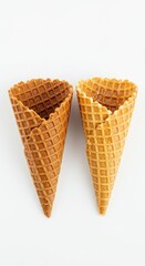 Top View of Two Waffle Cones with Crispy Texture on White Background 
