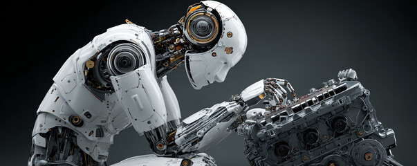 Robotic mechanic performs repair work on industrial engine showcasing advanced technology