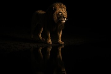 Majestic Lion illuminated in dramatic low-key lighting, showcasing its powerful physique and regal presence, captured in a striking reflection