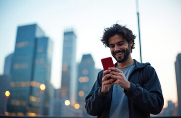 Young man smiles using smartphone at twilight city. Casual guy holds red phone, browsing online in urban landscape. Modern communication tech for business or leisure, wireless connectivity.