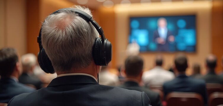 Man wears headphones at business conference for simultaneous translation. Technology bridges language barriers facilitating global communication, multilingual interaction. Attendee engages with