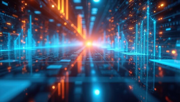 Digital abstract of glowing blue, orange data streams forming charts, graphs. Futuristic technology background with light flares, symbolizing financial analysis, market growth, data gathering.