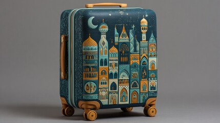 Travel suitcase with city skyline design