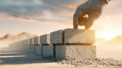 Pixelated Hand Building Blocks In Desert Sunrise