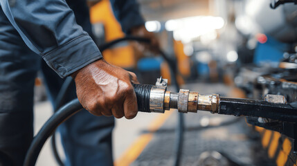 Skilled mechanic performs repair in industrial setting using hose and tools