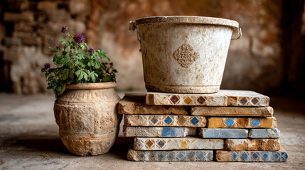 Weathered bucket and vase beside tiled steps