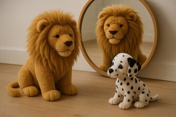 Plush lion and dalmatian puppy looking in a mirror, symbolizing self-perception and identity