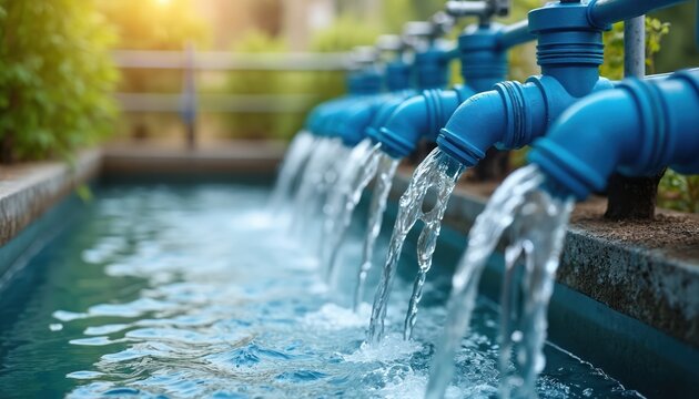Sustainable water treatment facility outputs purified water through blue pipes into pool. Clean water supply benefits public health, environmental protection. Sunlight shines on cascading water