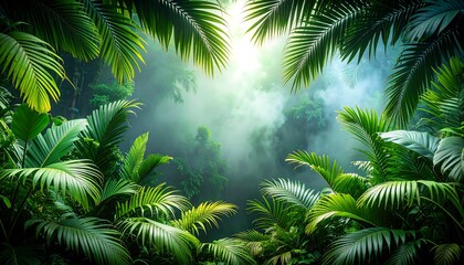Fototapeta premium Lush Tropical Rainforest Canopy with Misty Sunlight
