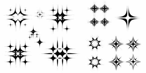 Collection of black starburst sparkle effects and star shapes on white background
