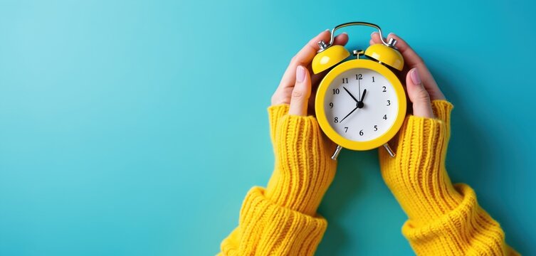 Hands in bright yellow knitted sleeves hold cheerful yellow alarm clock against vibrant blue background. Image emphasizes time management, punctuality, organization with modern, simple aesthetic.