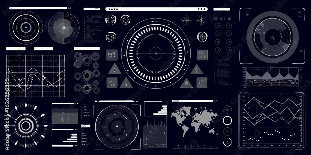 Wall mural futuristic digital interface displaying complex data analytics and global information with charts an