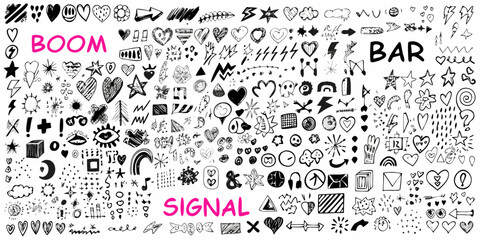 Collection of hand drawn doodle elements including hearts stars arrows clouds and abstract shapes with text © John Lee