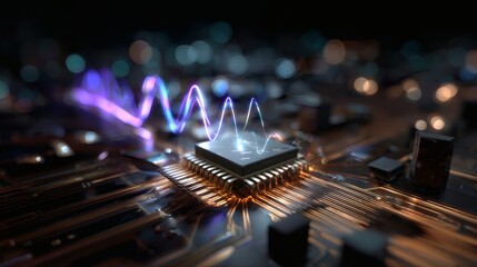 Ultra-close macro shot of a microchip embedded at the heart of a high-tech motherboard, with pulsating neon-blue and violet light waves radiating from its etched silicon surface, surrounded 