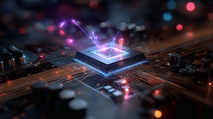 Ultra-close macro shot of a microchip embedded at the heart of a high-tech motherboard, with pulsating neon-blue and violet light waves radiating from its etched silicon surface, surrounded 