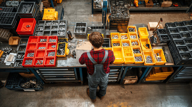 Mechanic organizes tools and parts in industrial repair workshop with precision and care
