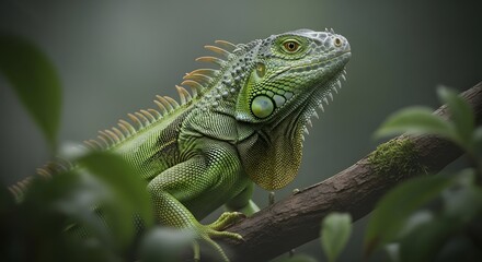 Majestic green iguana perched on a branch in a misty tropical rainforest. Close-up portrait of a wild reptile in the jungle.