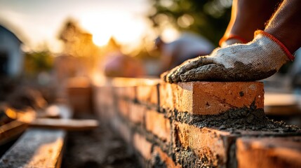Bricklaying Construction Work With Sunlight