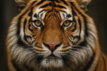 A magnificent close-up portrait of a powerful tiger's face, staring intently with striking golden eyes against a dark, blurred background